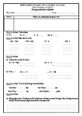 Đề kiểm tra học kỳ I môn Toán + Tiếng Việt Lớp 3 (VNEN) - Năm học 2015-2016